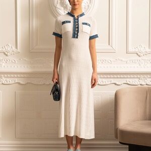 Sandro Alecia Elegant White and Blue Trim Dress
